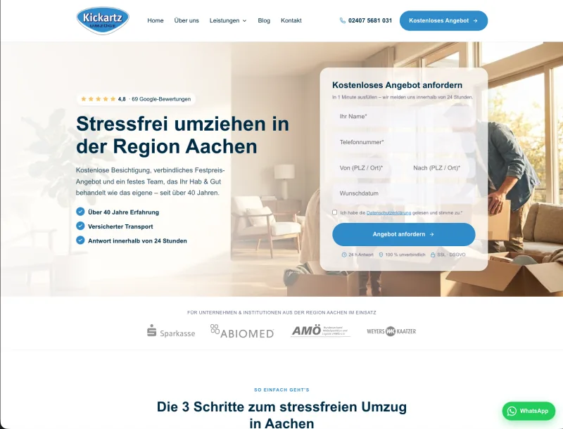 Website für Kickartz Umzüge, ein Umzugsunternehmen aus der Region Aachen