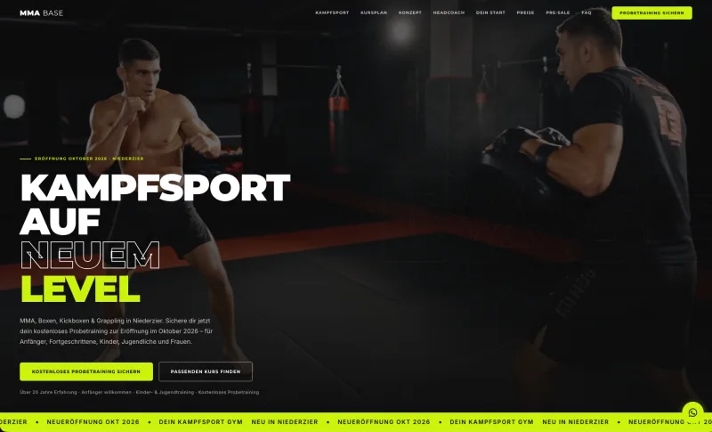Website für MMA Base, ein Kampfsportstudio in der Region Aachen